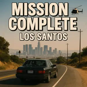 udelej napis mission complete z GTA dej tam nazev mesta los santos, auto po silnici ktery tam prijizdi puls dej vrtulnik