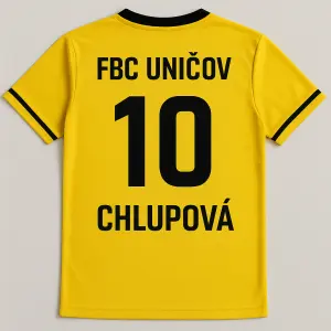 Žluté body ve stylu florbaloveho dresu. Na radech bude FBC UNIČOV pod tím velká desítka (10) a pod tím Chlupová,
