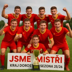 Vyhrály jsem fotbalový kraj dorostu sezona 25/26 barvy týmu červená a žlutá jsem mistři