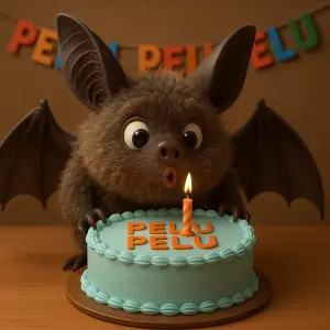 3d chlupaty netopýr fouka na dort a dlavi narozeniny, je tam napis PELU PELU PELU