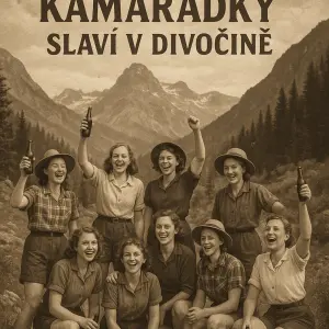Vintage horská krajina s osmi holkama a s nápisem "kamarádky slaví v divočině"