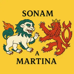 Tibetský sněžný lev a český lev na žlutém poli s nápisem Sonam a Martina