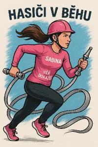 ženu dělající požární sport, nápis Hasiči v běhu, na hrudi jméno sabina, na zádech dole věř běž dokážeš, barva růžová