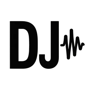 Text: DJ doplněný o symbol vibrace zvuku