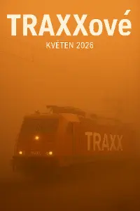 Vytvoř obrázek traxxové květen 2026 s lokomotivou TRAXX a oranžovou mlhou všude kolem aby byl nápis TRAXX célý na obrázk
