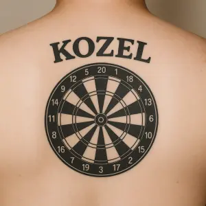 Na zádech bych si představovala terč na šipky a nad nim název Kozel jednoduchým písmem a terč bez šipky