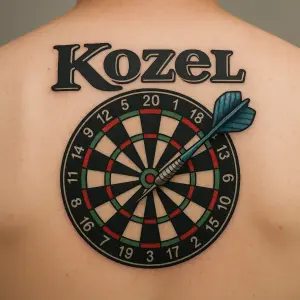 Na zádech bych si představovala terč na šipky a nad nim název Kozel