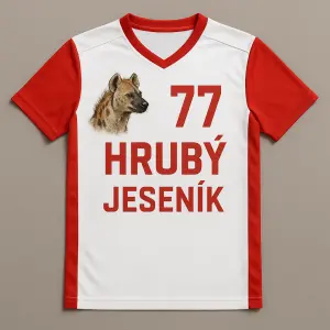 Dres na nohejbal bílo červený, číslo 77 Hrubý Jeseník a na tom hyena