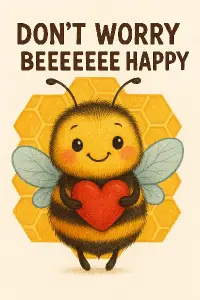 Roztomilá usmívající včelka s náznakem chloupků držící srdíčko za ní plástev medu s nápisem DON´T WORRY BEEEEEEE HAPPY