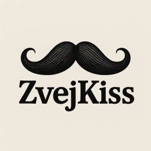 Knír lehce zatočený a pod ním název ZvejKiss