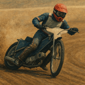 vygeneruj obrazek speedway zavodnika (plocha draha) nic detailniho