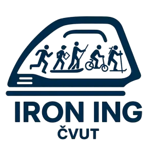 Logo jako žehlička štafetové akce ČVUT s názvem IRON ING. Součástí je běh, orienťák, paddleboard, koloběžka a biatlon.