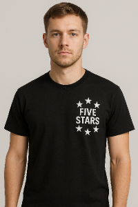 Na levé straně na prsou bude nápis "FIVE STARS". Zarovnaný na střed a pod sebou. Okolo nápisu bude symetricky 5 hvězd.