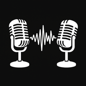 Takze hezkého mikrofony v bílé barvě, spíše siulety, aby to připomínalo podcast, at jsou dva vedle nějaká zvuková stopa