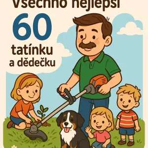 všechno nejlepší 60 tatínku a dědečku, kreslená postava hnědé vlasy a knír, údržba zeleně, 3 malý světlý a 1 bernský pes