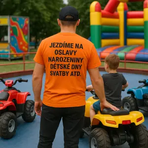 Obsluha atrakce dětské elektrické čtyřkolky a na záda napsat jezdíme na oslavy narozeniny dětské dny svatby atd.