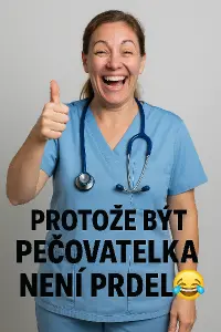 Prosím vytvořit obrázek veselé pečovatelky s textem protože být pečovatelka není prdel ?