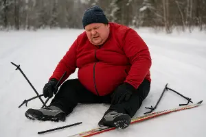 Běžkař s obezitou, který spadl na zem a polámal si hole