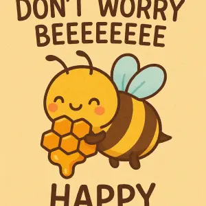 Roztomilá včelka s pláství medu nebo s medem a nápis DON´T WORRY BEEEEEEE HAPPY