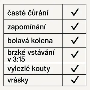Vytvoř tabulku kde bude odškrtnutočasté čůránízapomínáníbolavá kolenabrzké vstávání v 3:15vylezlé koutyvrásky
