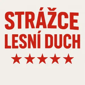 Nápis strážce lesní duch v červeno bílé barvě a 5 hvězdiček pod to