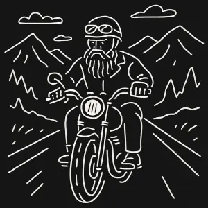 Motorkář s plnovousem jede po silnici mezi horami. Jednoduché linie, kresba. Bílá na černé.