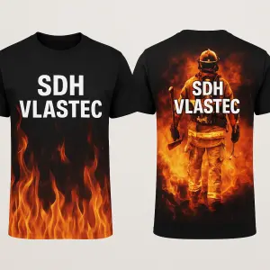 vepředu Plameny a nápis SDH Vlastec a v zadu hasič v plamenech a nápis SDH Vlastec