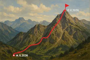 Vygeneruj obrázek pohoří, na kterém vyznačena cyklistická etapa s daty etapy. U vrcholu hory bude datum 10.6.2026