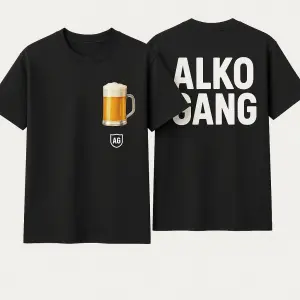 Na přední straně u srdce fotka piva v půllitru malé logo a na zádech napsáno alko gang