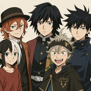 Sakura Haruka, Chuya Nakahara, Giyu Tomioka, Asta a Megumi Fishiguro společně. Sakura má bíločerné vlasy