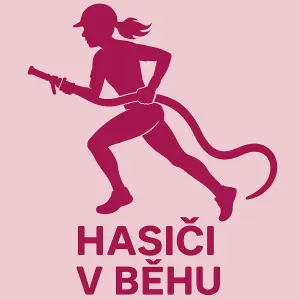 ženu dělající požární sport, silueta proudaře, nápis Hasiči v běhu, barva růžová