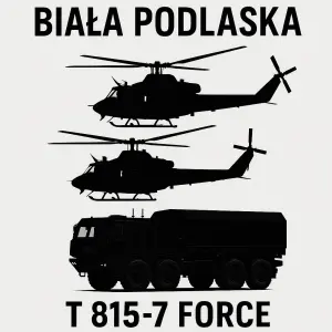 Nahoře nápis Biala Podlaska Pod ním siluety 2 šikmo letících UH 1Y Venom za sebou pod nimi siuleta T 815-7 force