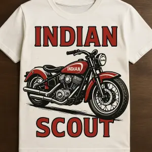 Vytvor mi navrh obrazku na tričko, kde bude na téma motocyklu Indian Scout v bilocervené barve