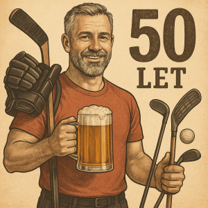 Styl vintage,mužsportovní postavy,má rád lední hokej,golf,florbal,krátké vlasy,vousy,prošedivělý,má rád pivo a slaví 50