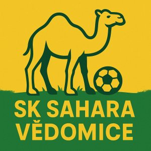 Velbloud s fotbalovým míčem. Pod něj nápis “SK Sahara Vědomice”Vše laděno do zelenožlutých barev. Všechny nohy stejné