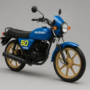 modrá motorka Suzuki Wemo se zlatými koly a číslice 50