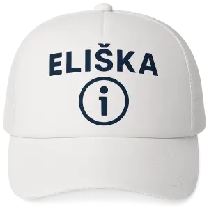 Na přední straně udělej minimalistický trucker design:nahoře velký nápis „ELIŠKA“doprostřed kulatý emblém s moderní i