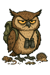 Humoristický animovaný grumpy výr s batohem a dalekohledem a zbytky hrabošů a ježků. Bez pozadí.