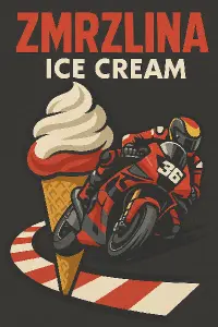 Text zmrzlina a pod tím ice cream v tématice motogp.