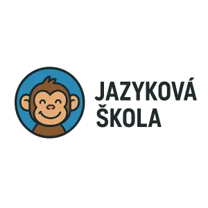 Firemní logo jazykové školy, moderní čistý design, roztomilá kreslená opice v modrém kruhu vlevo, usměvavá, cartoon styl