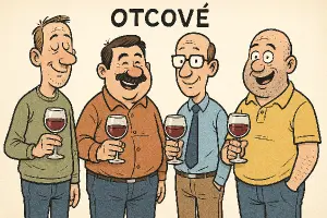 karikatura 4 otců, kteří v ruce drží skleničku vína