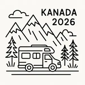 Obrázek kanadských hor a obytné dodávky s nápisem Kanada 2026. Víc jednoduše. Jen obrysy