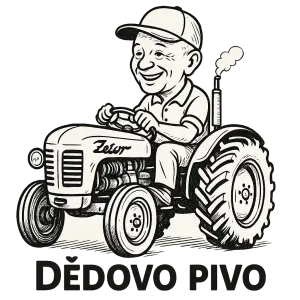 veselý obrázek s dědou bez vousů s kšiltovkou na traktoru Zetor text: Dědovo pivo. Bez pozadí, perokresba, celá čepice