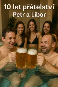Dva muži v lázních připijící si pivem v pozadí ho obklopují ženy Nadpis 10 let přátelství Petr a Libor