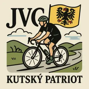 Iniciály JVCyklista jedoucí po cestě. Slezská orlice na žlutém podkladu na vlajce. Nápis Kutský patriot.