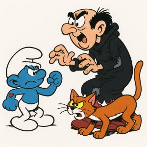 Prosím a obrázek Šmouly siláka a Gargamel a na bílém pozadi. Přidej ještě kočku azraela