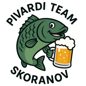 Kapr s pivem a nápis PIVARDI TEAM SKORANOV bez pozadí