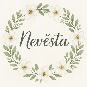 Nápis Nevěsta ve věnečku z bílým květin a zelených lístků.