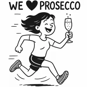 Obrazek vtipny černobílý, běh spojeny s pitím prosecca, ktere milujeme Napis we ? prosecco