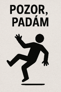 Napis “pozor, padám “ a tam obrazek cloveka, ktery casto pada